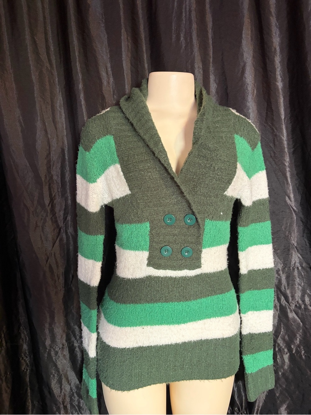 Vintage Y2K Cozy Green Striped Shawl-Collar Sweater